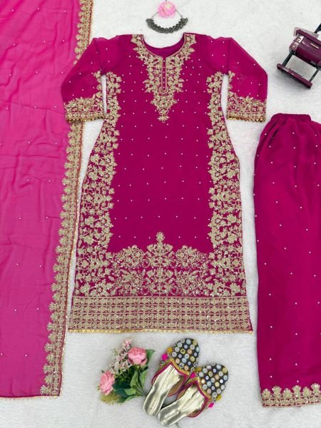 Graceful Pink Designer Roman Glass Embroidered Kurti with Chudidar and Dupatta Ready To Wear Collection