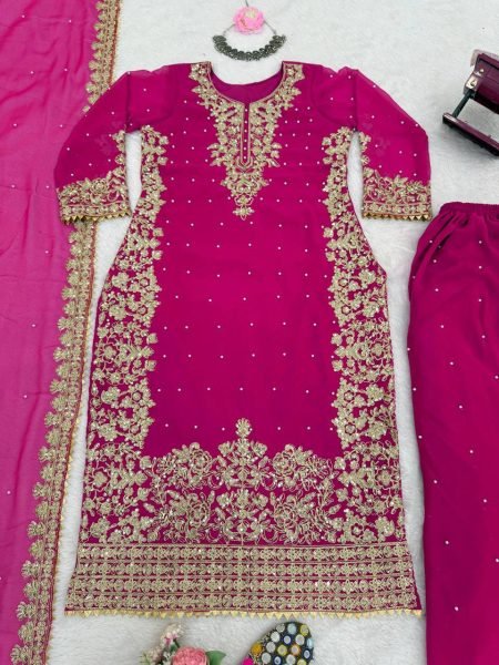 Graceful Pink Designer Roman Glass Embroidered Kurti with Chudidar and Dupatta Ready To Wear Collection