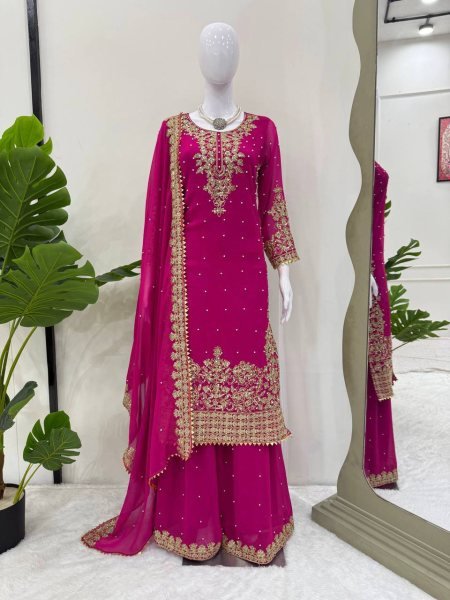 Graceful Pink Designer Roman Glass Embroidered Kurti with Chudidar and Dupatta Ready To Wear Collection