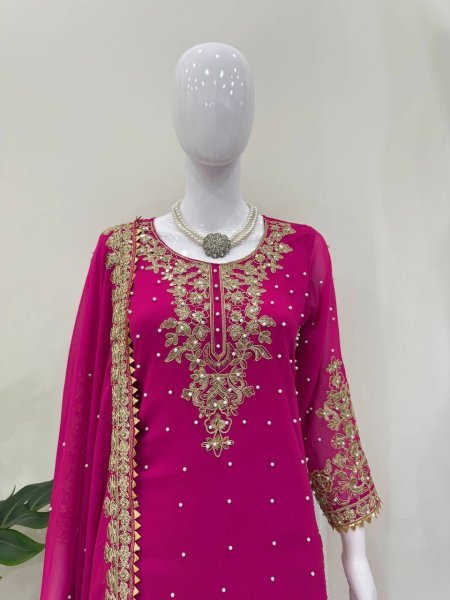 Graceful Pink Designer Roman Glass Embroidered Kurti with Chudidar and Dupatta Ready To Wear Collection