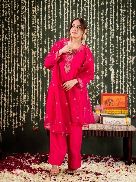 Graceful Pink Embroidered Chanderi Salwar Suit With Organza Dupatta 