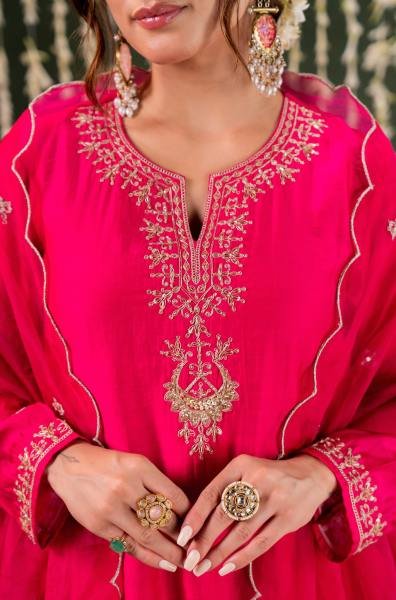 Graceful Pink Embroidered Chanderi Salwar Suit With Organza Dupatta Embroidery Kurtis 