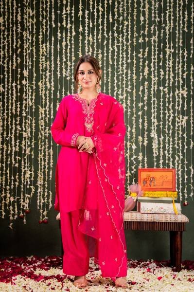 Graceful Pink Embroidered Chanderi Salwar Suit With Organza Dupatta Embroidery Kurtis 