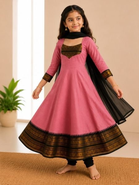 Graceful Pink Premium Cotton Blend Anarkali Dress for Girls