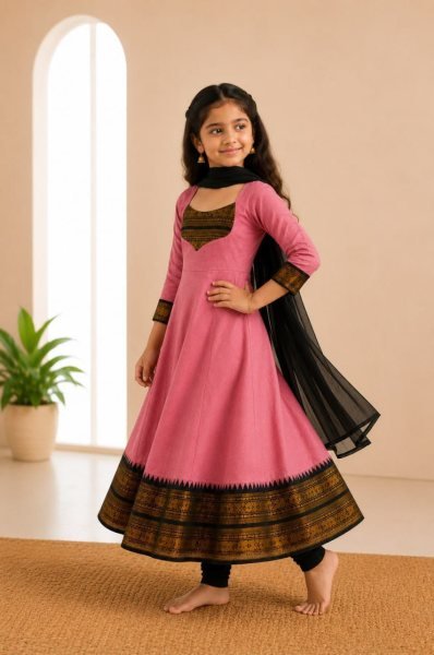 Graceful Pink Premium Cotton Blend Anarkali Dress for Girls Girls Wear