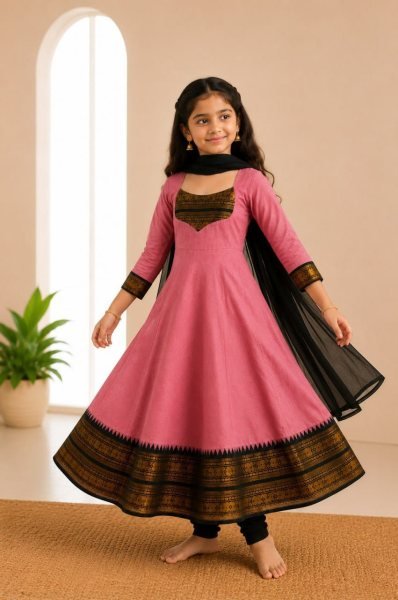 Graceful Pink Premium Cotton Blend Anarkali Dress for Girls Girls Wear