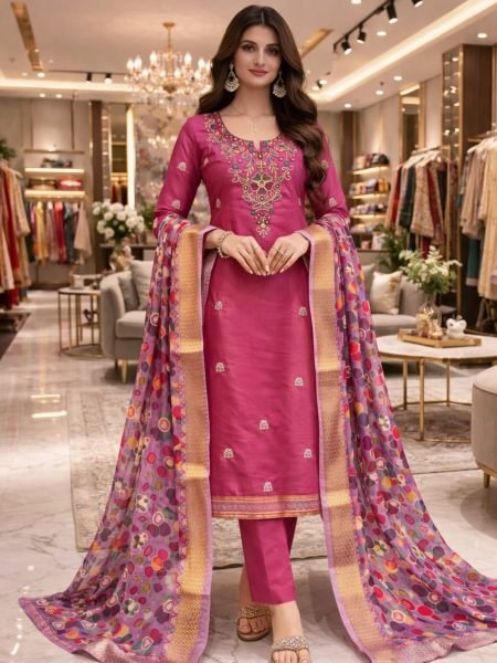 Graceful Pink Roman Silk Top with Moti Sequins Bead Work and Santoon Bottom For Wedding Dress Material 