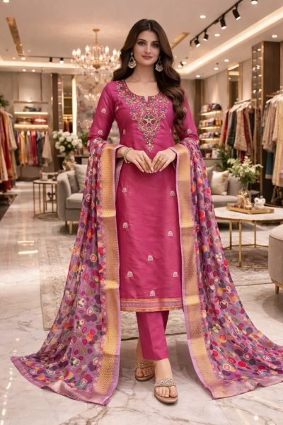 Graceful Pink Roman Silk Top with Moti Sequins Bead Work and Santoon Bottom For Wedding Color Set Matching Dress Material Wholesale