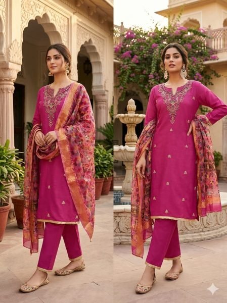 Graceful Pink Roman Silk Top with Moti Sequins Bead Work and Santoon Bottom For Wedding Color Set Matching Dress Material Wholesale