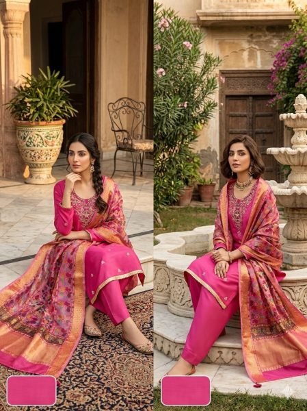 Graceful Pink Roman Silk Top with Moti Sequins Bead Work and Santoon Bottom For Wedding Color Set Matching Dress Material Wholesale