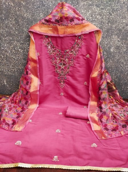 Graceful Pink Roman Silk Top with Moti Sequins Bead Work and Santoon Bottom For Wedding Color Set Matching Dress Material Wholesale