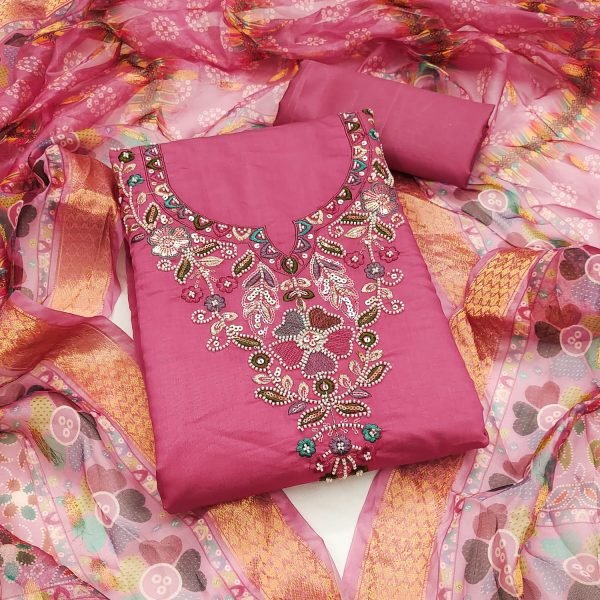 Graceful Pink Roman Silk Top with Moti Sequins Bead Work and Santoon Bottom For Wedding Color Set Matching Dress Material Wholesale