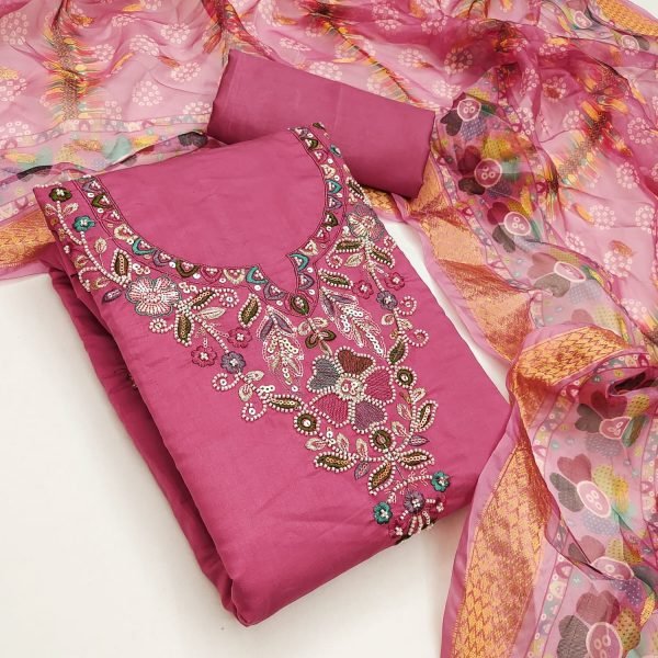 Graceful Pink Roman Silk Top with Moti Sequins Bead Work and Santoon Bottom For Wedding Color Set Matching Dress Material Wholesale