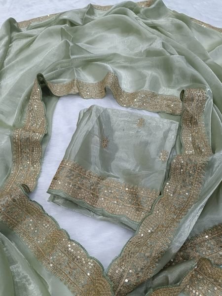 Graceful Pista Designer Soft Jimichu Silk Saree with Sequins Work and Embroidered Blouse Silk Sarees Wholesale