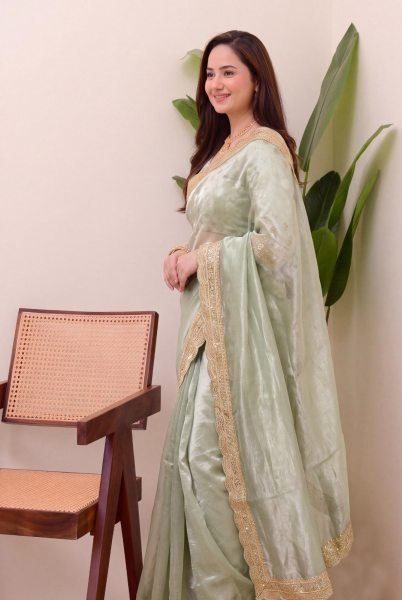 Graceful Pista Designer Soft Jimichu Silk Saree with Sequins Work and Embroidered Blouse Silk Sarees Wholesale