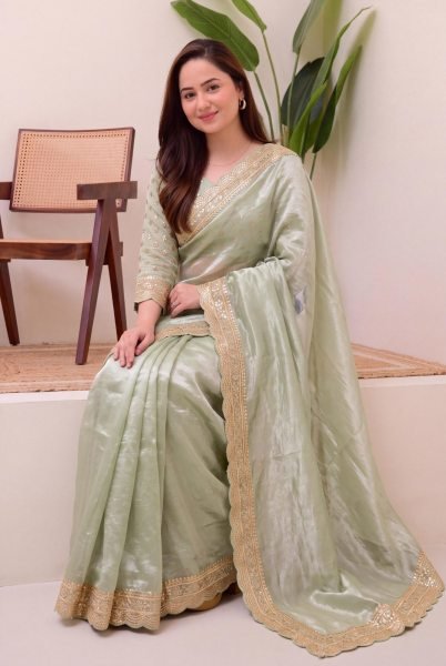Graceful Pista Designer Soft Jimichu Silk Saree with Sequins Work and Embroidered Blouse Silk Sarees Wholesale