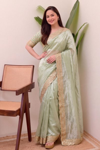 Graceful Pista Designer Soft Jimichu Silk Saree with Sequins Work and Embroidered Blouse Silk Sarees Wholesale