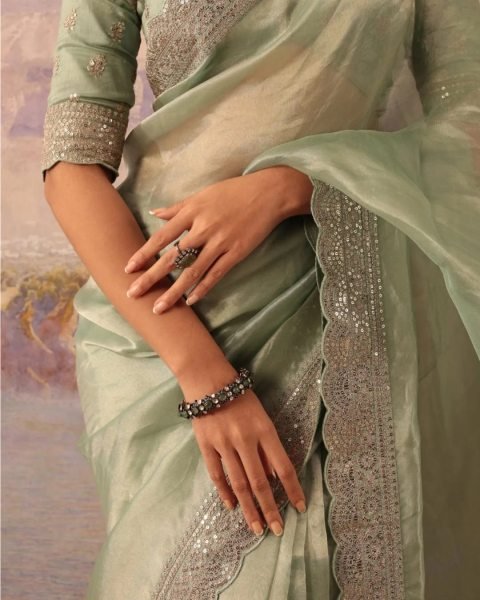 Graceful Pista Designer Soft Jimichu Silk Saree with Sequins Work and Embroidered Blouse Silk Sarees Wholesale