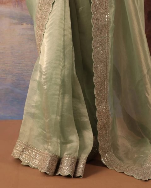 Graceful Pista Designer Soft Jimichu Silk Saree with Sequins Work and Embroidered Blouse Silk Sarees Wholesale
