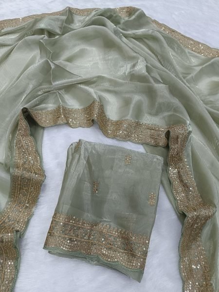 Graceful Pista Designer Soft Jimichu Silk Saree with Sequins Work and Embroidered Blouse Silk Sarees Wholesale