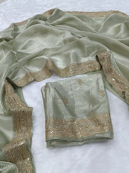 Graceful Pista Designer Soft Jimichu Silk Saree with Sequins Work and Embroidered Blouse Silk Sarees Wholesale