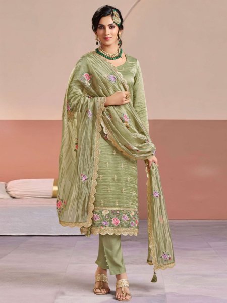 Graceful Pista Green Gold Silk Embroidered Suit with Matching Dupatta