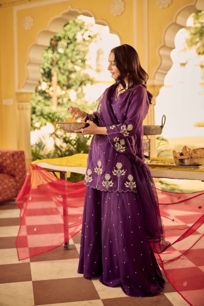 Graceful Purple Chanderi Silk Kurta Plazzo Dupatta Set with Embroidery Work Embroidery Kurtis 