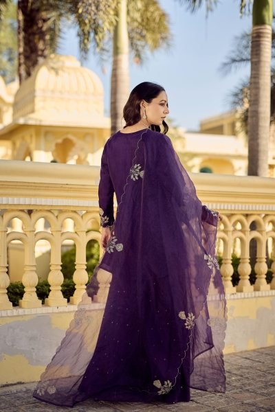 Graceful Purple Chanderi Silk Kurta Plazzo Dupatta Set with Embroidery Work Embroidery Kurtis 