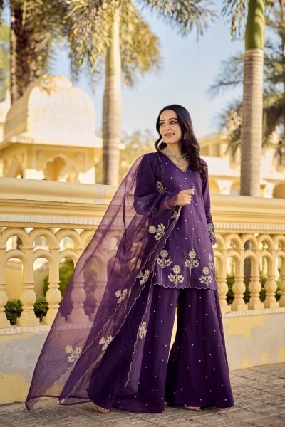 Graceful Purple Chanderi Silk Kurta Plazzo Dupatta Set with Embroidery Work Embroidery Kurtis 