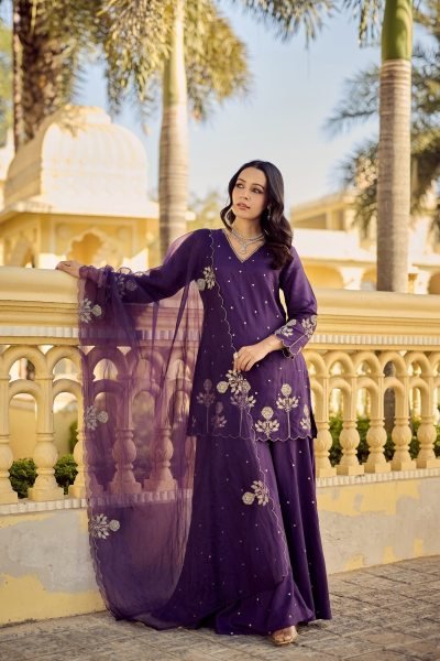 Graceful Purple Chanderi Silk Kurta Plazzo Dupatta Set with Embroidery Work Embroidery Kurtis 