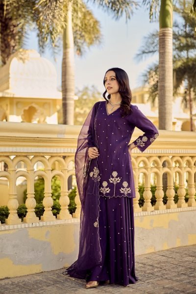 Graceful Purple Chanderi Silk Kurta Plazzo Dupatta Set with Embroidery Work Embroidery Kurtis 