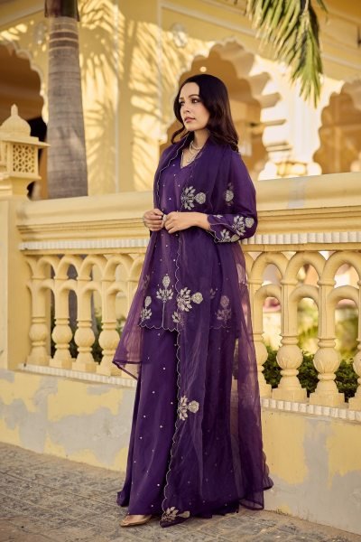 Graceful Purple Chanderi Silk Kurta Plazzo Dupatta Set with Embroidery Work Embroidery Kurtis 