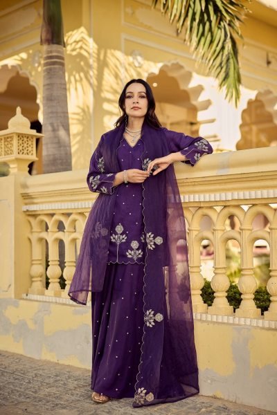 Graceful Purple Chanderi Silk Kurta Plazzo Dupatta Set with Embroidery Work Embroidery Kurtis 
