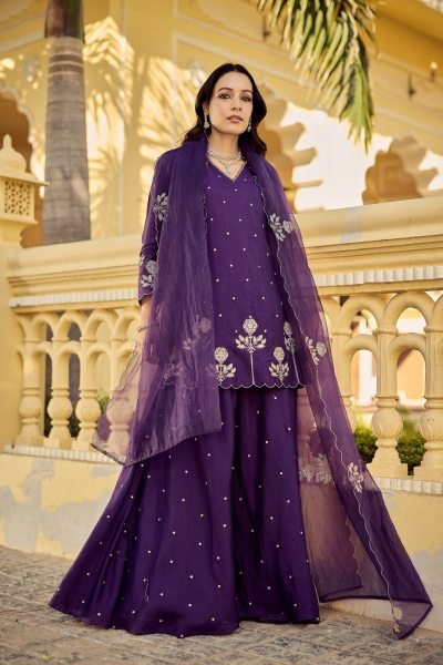Graceful Purple Chanderi Silk Kurta Plazzo Dupatta Set with Embroidery Work Embroidery Kurtis 