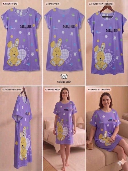 Graceful Purple Comfortable Free Size T Shirt Night Dress for Women Fashion Night Suit Wholesale