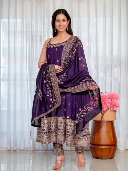 Graceful Purple Embroidered Gown Pant Set with Designer Vichitra Silk Dupatta 