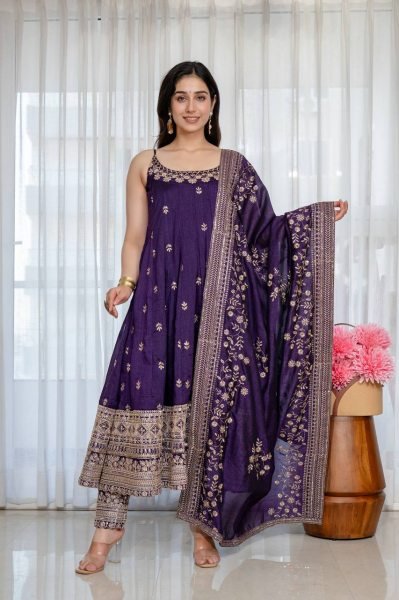Graceful Purple Embroidered Gown Pant Set with Designer Vichitra Silk Dupatta Ready To Wear Collection