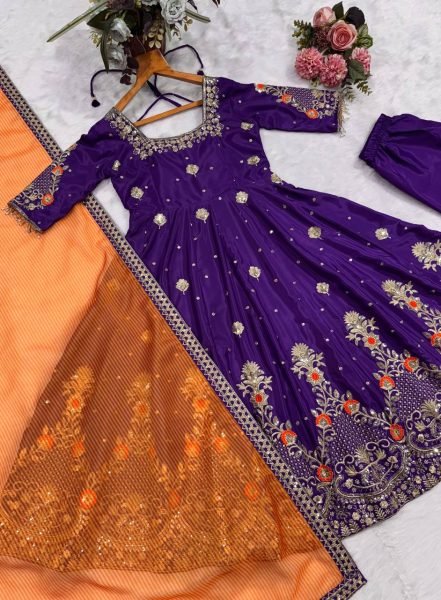 Graceful Purple Heavy Silk Anarkali Suit Set with Zari Embroidery Work for Women Ready To Wear Collection
