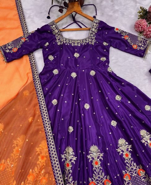 Graceful Purple Heavy Silk Anarkali Suit Set with Zari Embroidery Work for Women Ready To Wear Collection