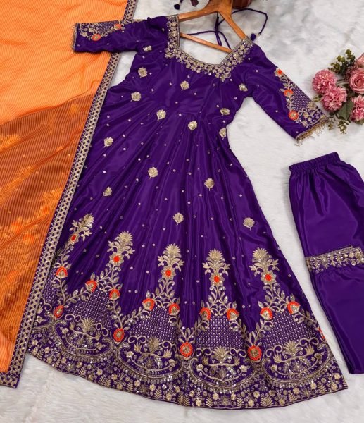 Graceful Purple Heavy Silk Anarkali Suit Set with Zari Embroidery Work for Women Ready To Wear Collection