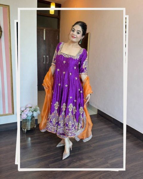 Graceful Purple Heavy Silk Anarkali Suit Set with Zari Embroidery Work for Women Ready To Wear Collection