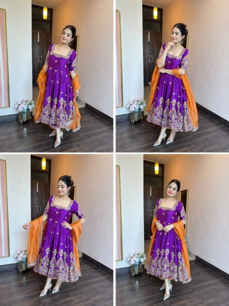 Graceful Purple Heavy Silk Anarkali Suit Set with Zari Embroidery Work for Women Ready To Wear Collection