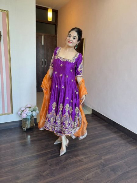 Graceful Purple Heavy Silk Anarkali Suit Set with Zari Embroidery Work for Women Ready To Wear Collection