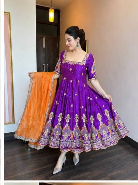 Graceful Purple Heavy Silk Anarkali Suit Set with Zari Embroidery Work for Women Ready To Wear Collection
