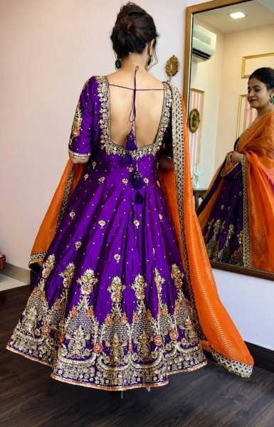 Graceful Purple Heavy Silk Anarkali Suit Set with Zari Embroidery Work for Women Ready To Wear Collection