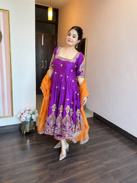 Graceful Purple Heavy Silk Anarkali Suit Set with Zari Embroidery Work for Women Ready To Wear Collection