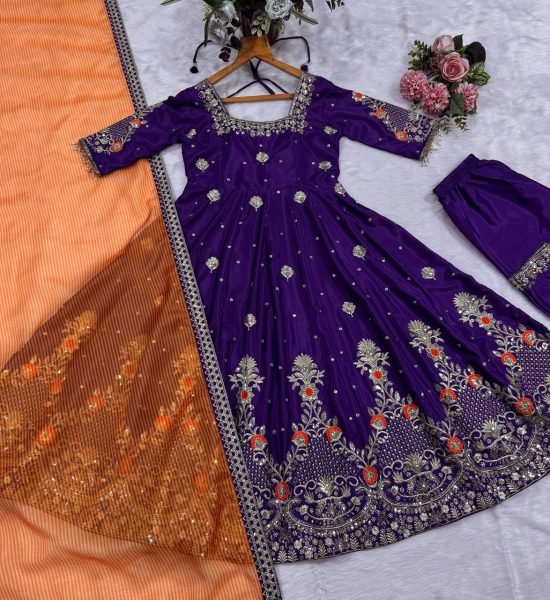Graceful Purple Heavy Silk Anarkali Suit Set with Zari Embroidery Work for Women Ready To Wear Collection