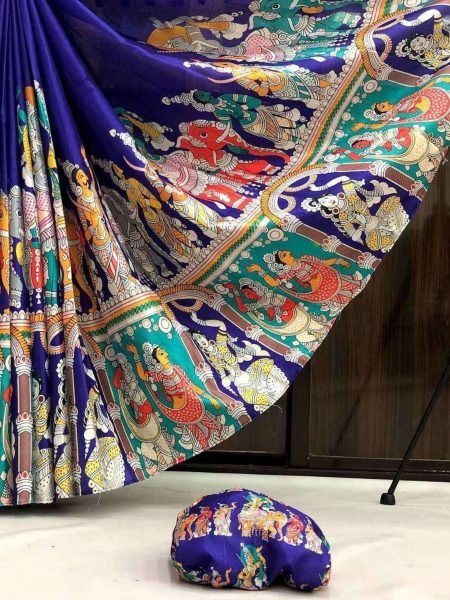 Graceful Purple Kalamkari Print Saree with Matching Printed Blouse For Wedding Sarees 