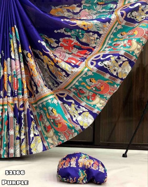 Graceful Purple Kalamkari Print Saree with Matching Printed Blouse For Wedding Printed Cotton Sarees Wholesale