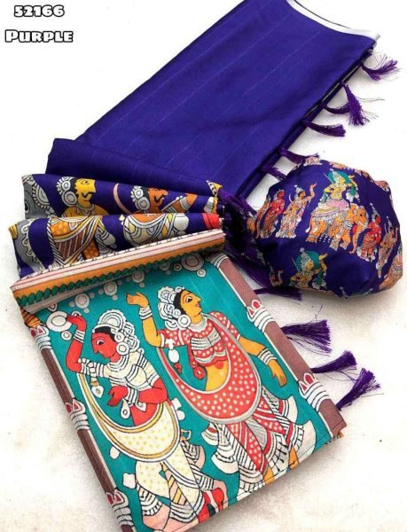 Graceful Purple Kalamkari Print Saree with Matching Printed Blouse For Wedding Printed Cotton Sarees Wholesale